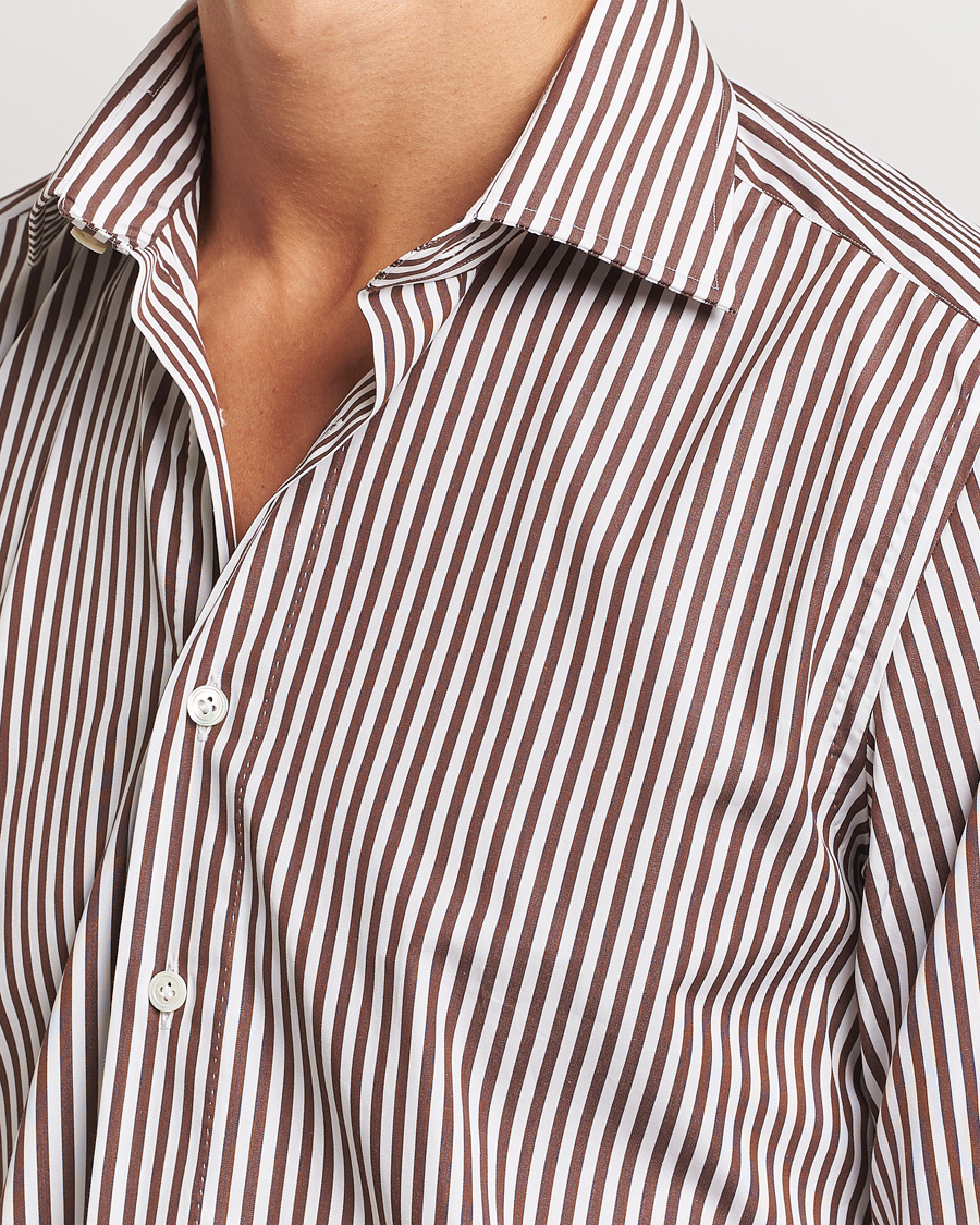 Homme | Chemises | 100Hands | Striped Cut Away Cotton Shirt Brown