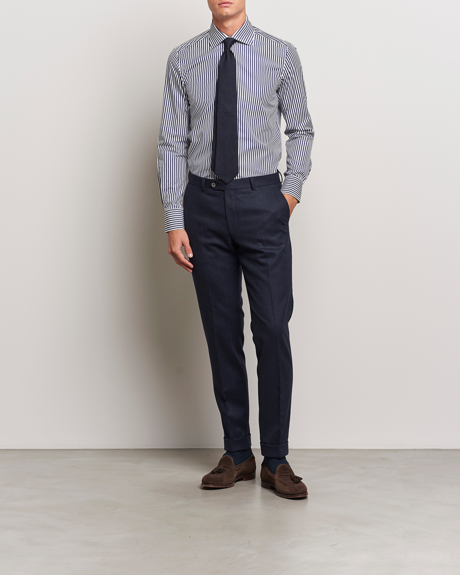 Homme | Chemises | 100Hands | Striped Cut Away Cotton Shirt Navy