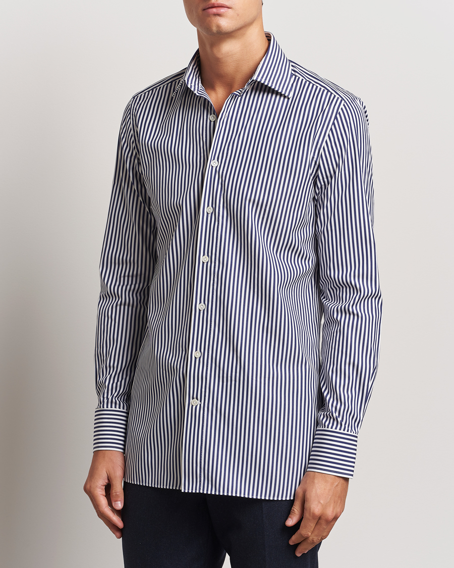 Homme | Chemises | 100Hands | Striped Cut Away Cotton Shirt Navy