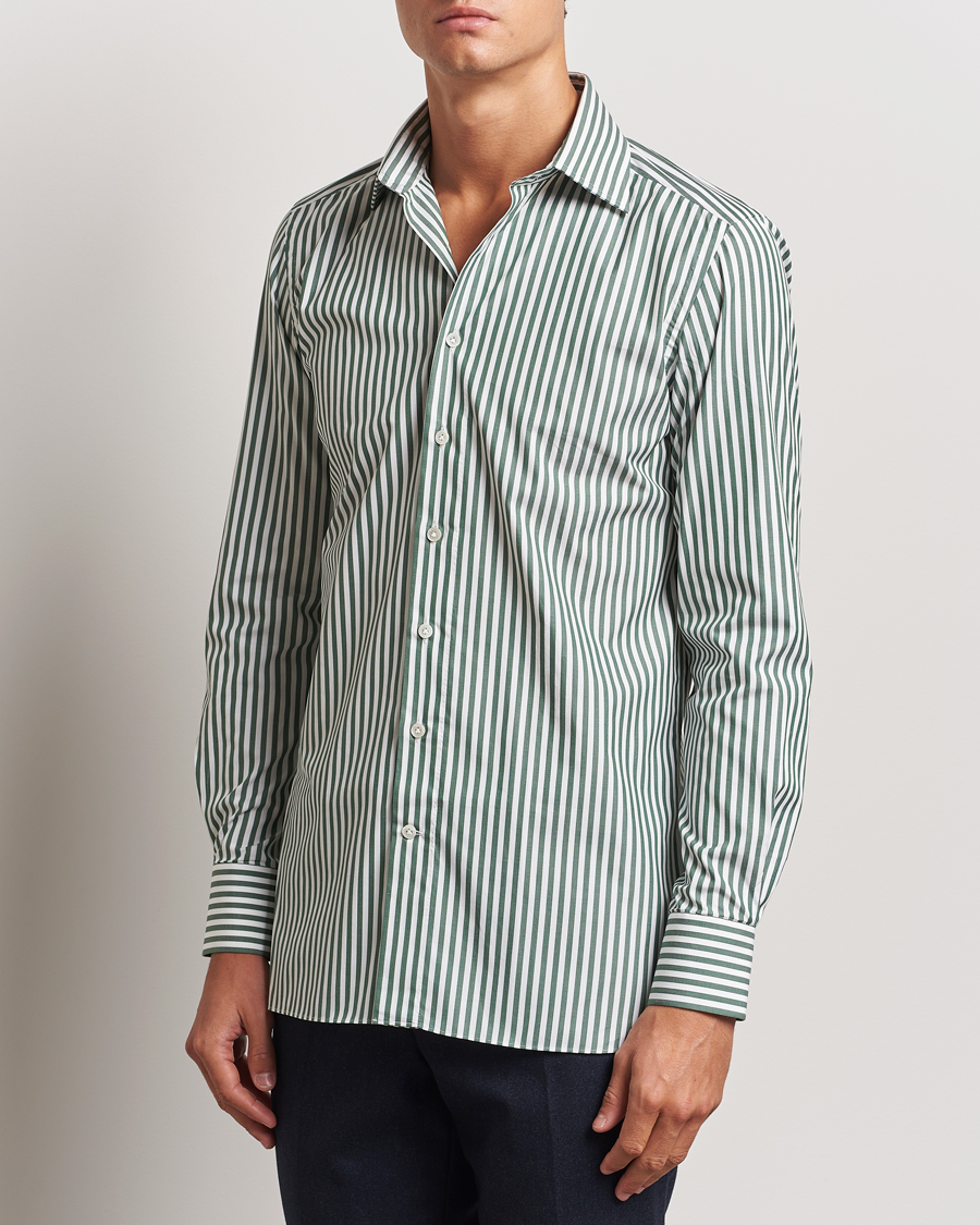 Homme | Chemises | 100Hands | Striped Cut Away Cotton Shirt Green