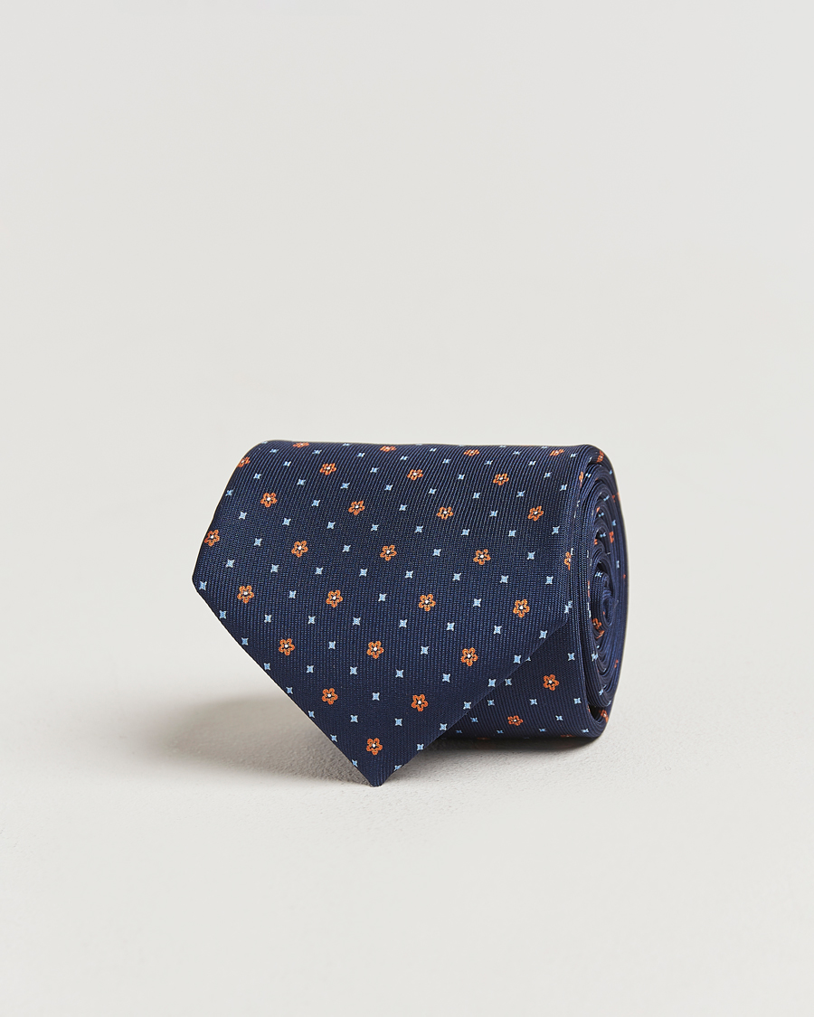 Homme | E. Marinella 3-Fold Printed Silk Tie Navy/Orange | E. Marinella | 3-Fold Printed Silk Tie Navy/Orange