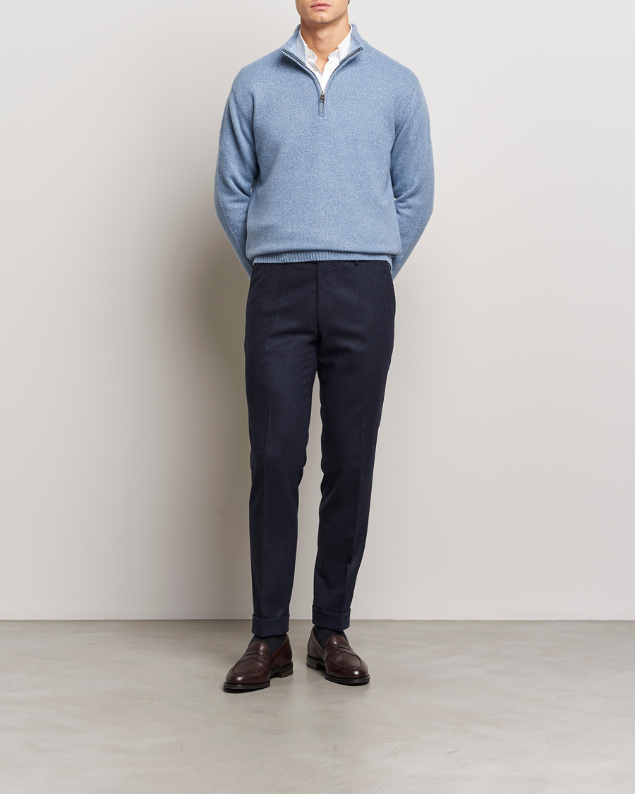 Homme | Pulls Et Tricots | Oscar Jacobson | Paul Wool/Cashmere Melange Half Zip Light Blue