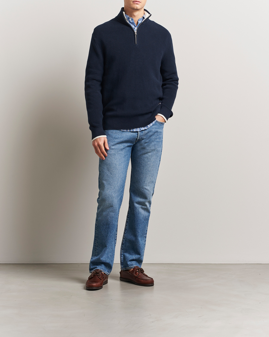 Homme | Pulls Et Tricots | GANT | Ribbed Cotton Half Zip Evening Blue