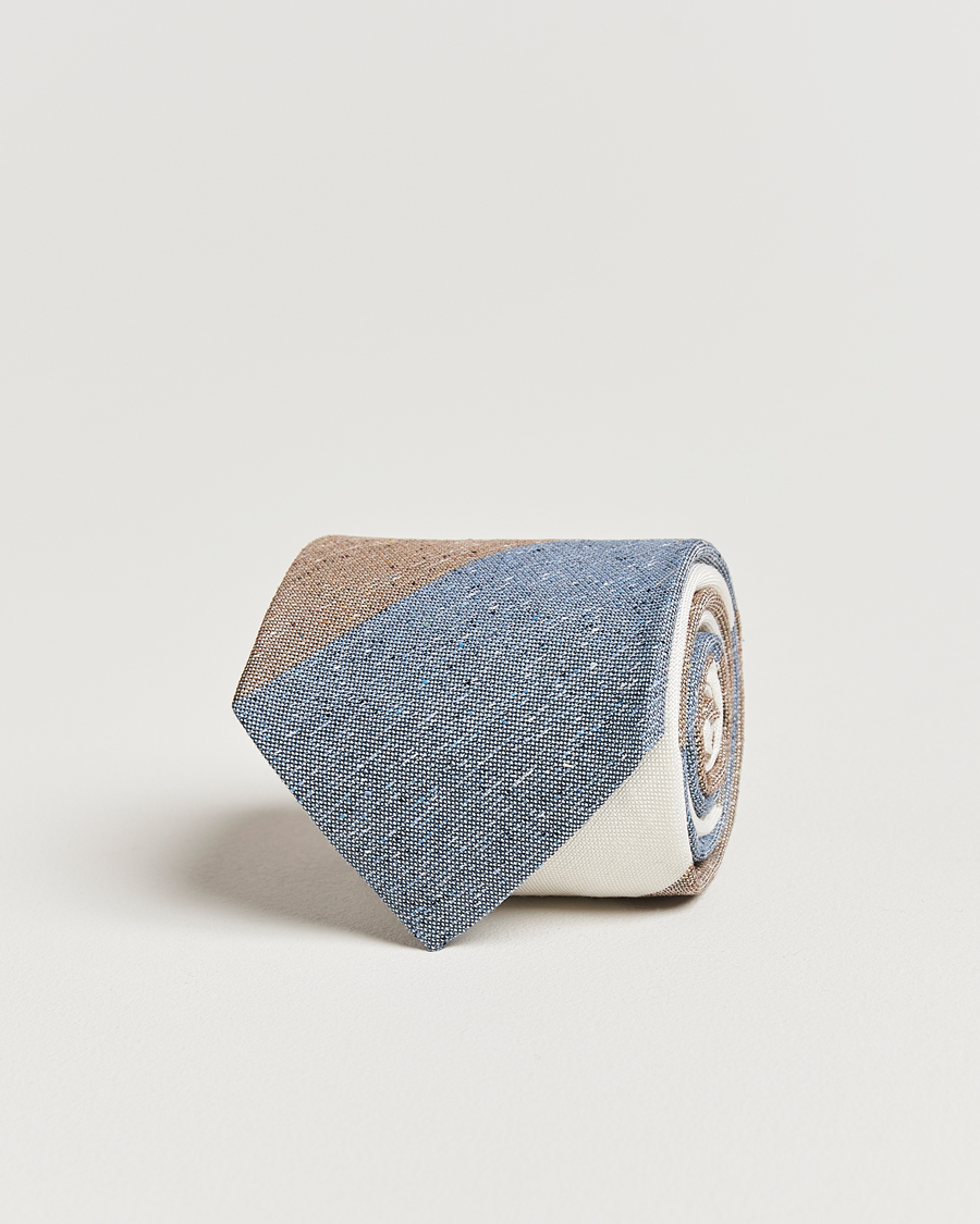 Homme | Amanda Christensen Silk/Linen Bourette Block Striped 8cm Tie White/Blue/Brown | Amanda Christensen | Silk/Linen Bourette Block Striped 8cm Tie White/Blue/Brown