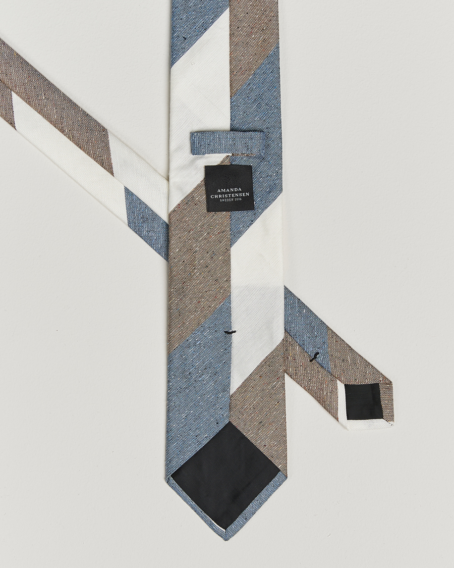 Homme | Amanda Christensen Silk/Linen Bourette Block Striped 8cm Tie White/Blue/Brown | Amanda Christensen | Silk/Linen Bourette Block Striped 8cm Tie White/Blue/Brown