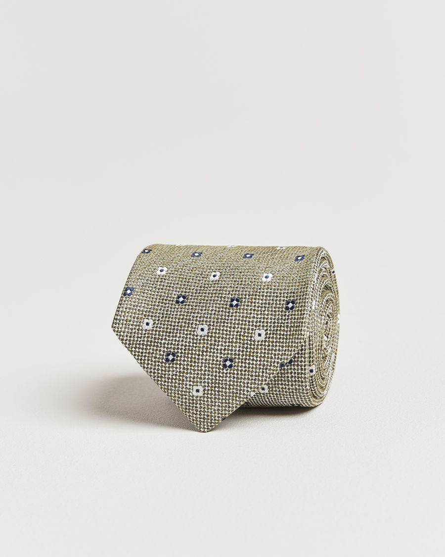 Homme | Amanda Christensen Silk/Linen Printed Flower 8cm Tie Green | Amanda Christensen | Silk/Linen Printed Flower 8cm Tie Green