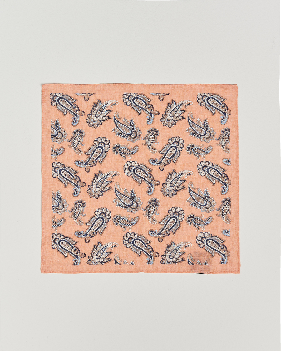 Homme | Amanda Christensen Linen Printed Large Paisley Pocket Square Orange | Amanda Christensen | Linen Printed Large Paisley Pocket Square Orange