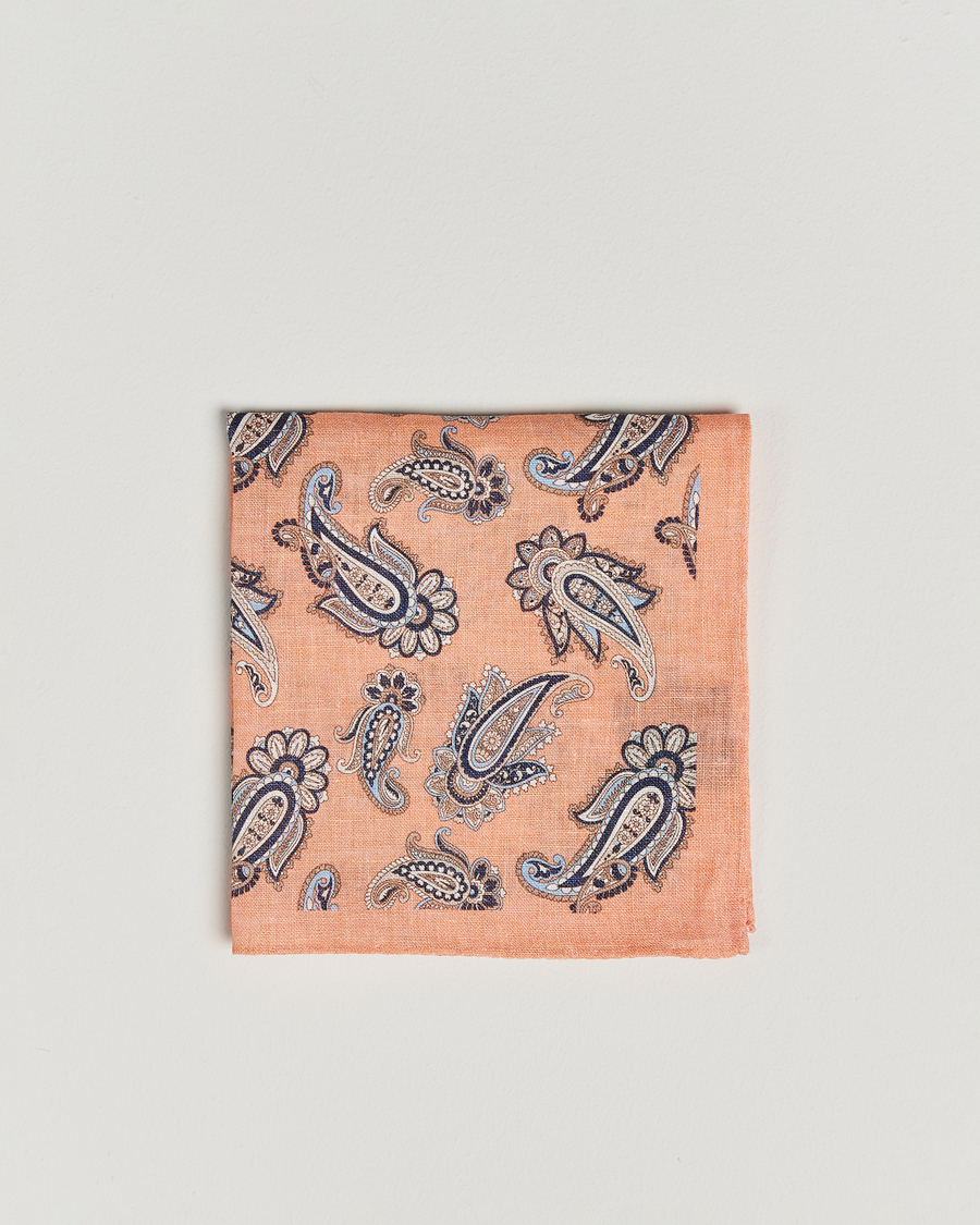 Homme | Amanda Christensen Linen Printed Large Paisley Pocket Square Orange | Amanda Christensen | Linen Printed Large Paisley Pocket Square Orange