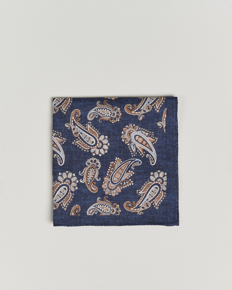 Homme | Amanda Christensen Linen Printed Large Paisley Pocket Square Navy | Amanda Christensen | Linen Printed Large Paisley Pocket Square Navy