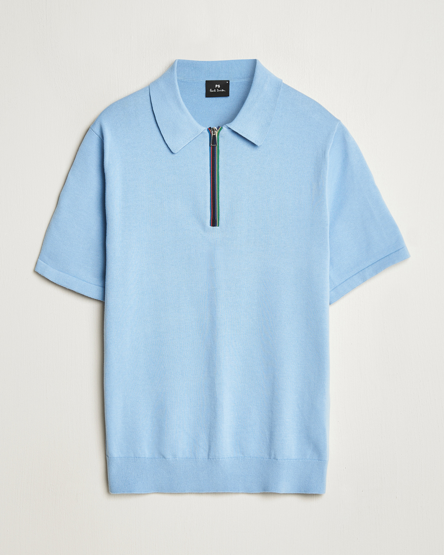 Homme | Polos | PS Paul Smith | Cotton Knitted Half Zip Polo Light Blue