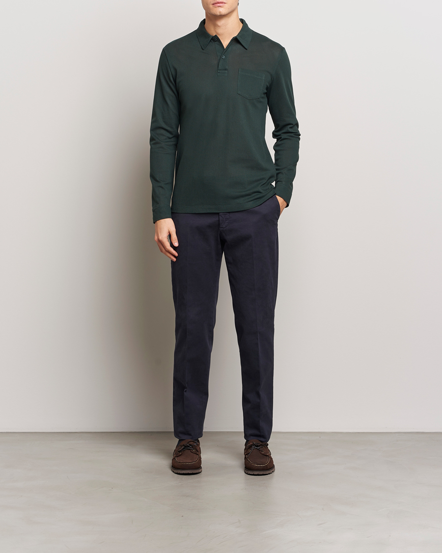 Homme | Pulls Et Tricots | Sunspel | Long Sleeve Riviera Polo Shirt Holly Green