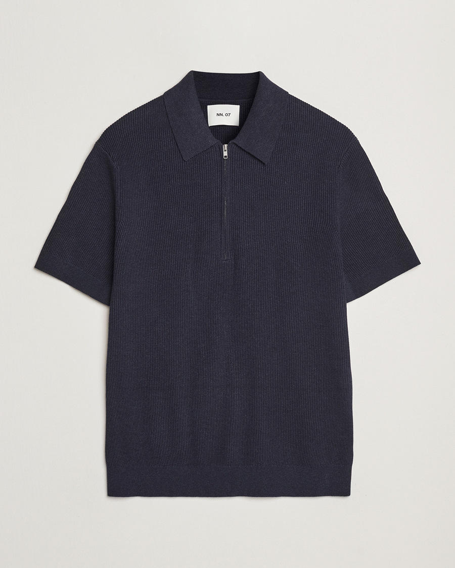 Homme | Polos | NN07 | Hansie Half Zip Knitted Polo Navy Melange