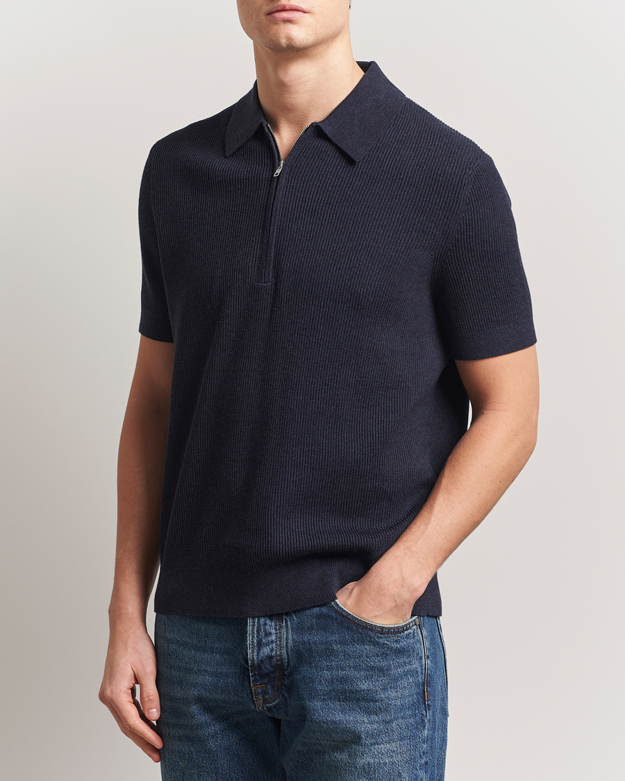 Homme | Polos | NN07 | Hansie Half Zip Knitted Polo Navy Melange