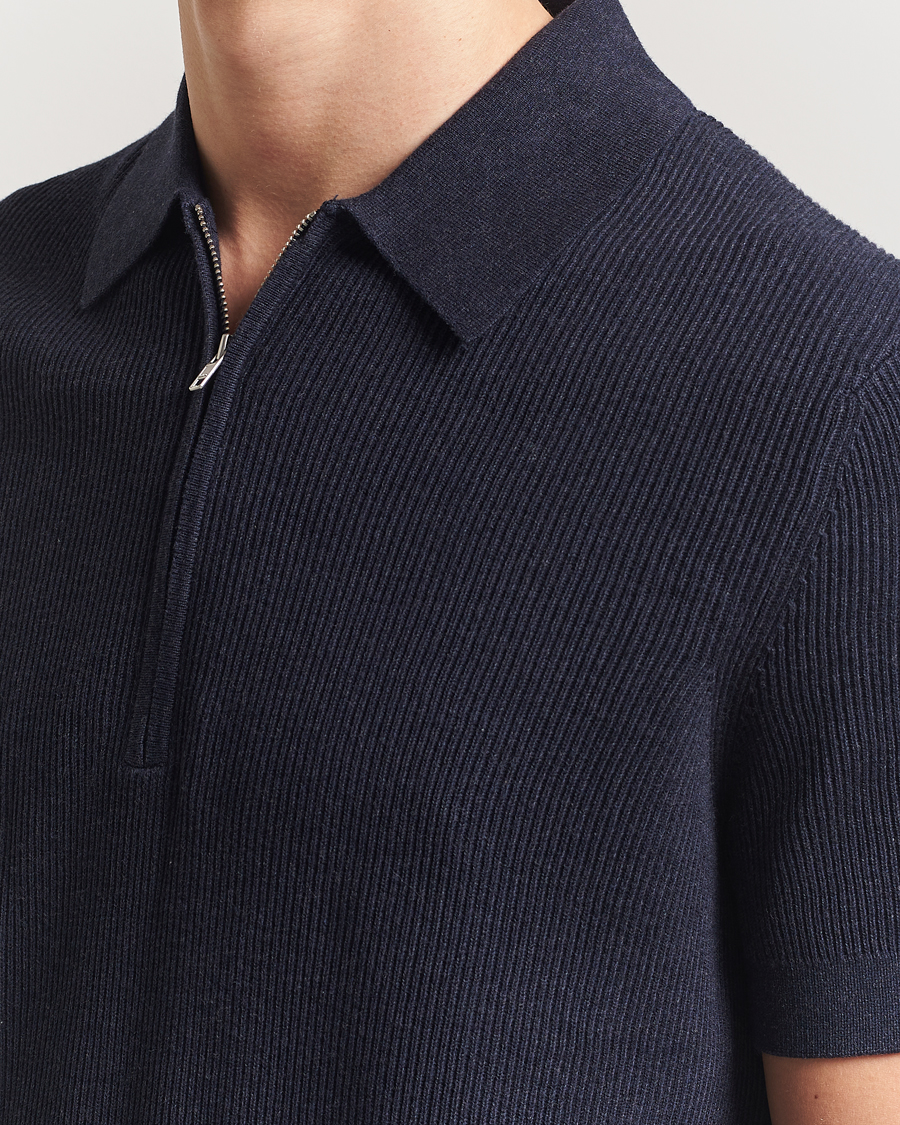 Homme | Polos | NN07 | Hansie Half Zip Knitted Polo Navy Melange