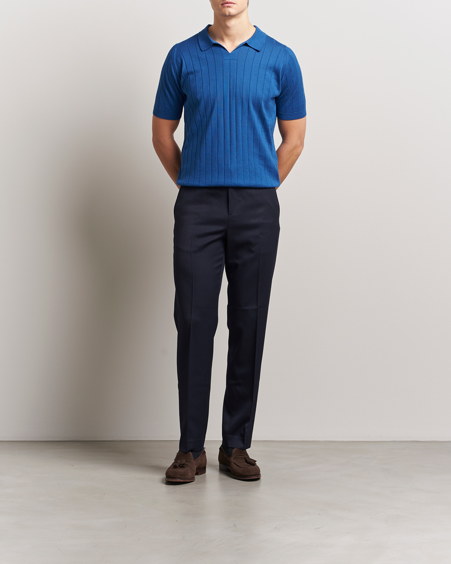 Homme | Polos | John Smedley | Roper Open Collar Sea Island Polo Pacific Blue