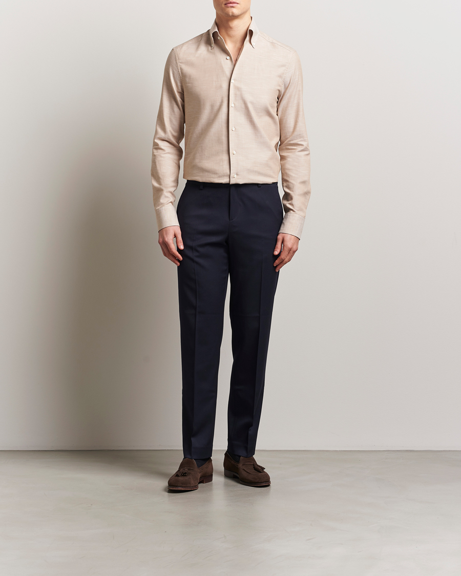Homme | Chemises | Stenströms | Soft Cotton One Piece Button Down Shirt Beige