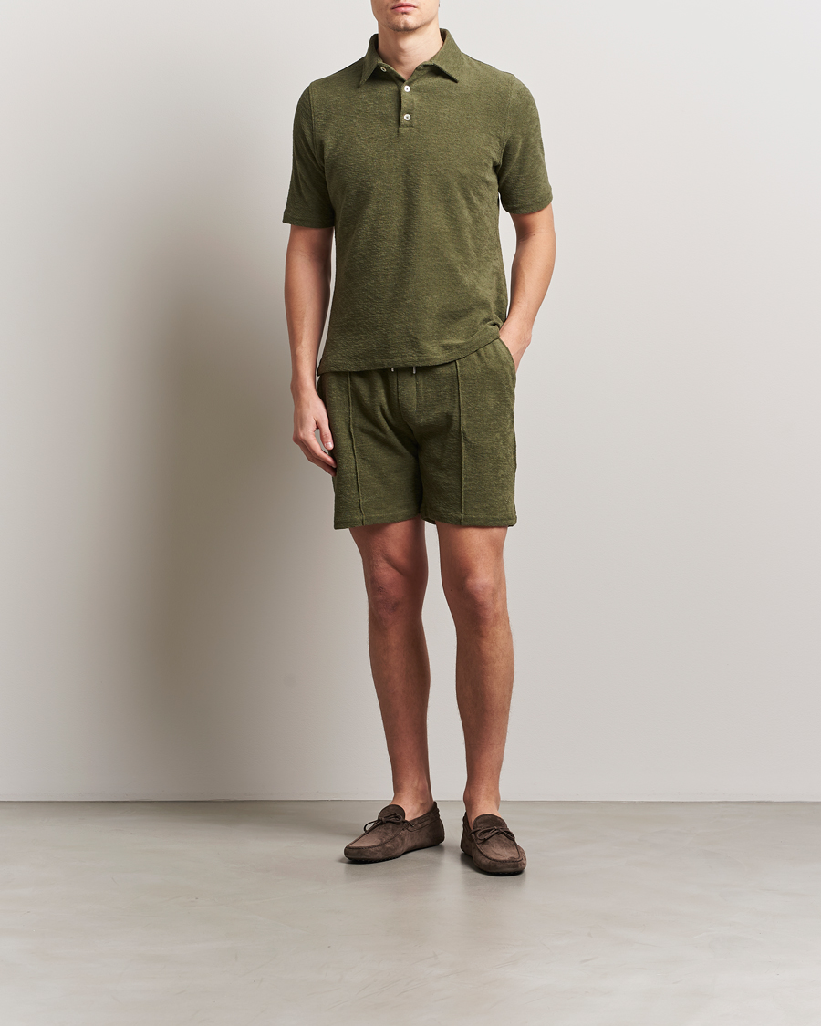 Homme | Polos | Stenströms | Terry Slub Cotton Polo Green