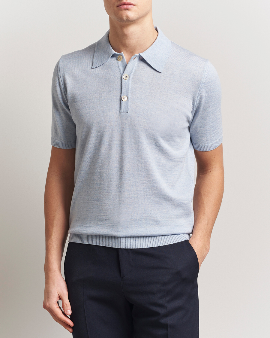 Homme | Polos | Stenströms | Knitted Merino Polo Light Blue