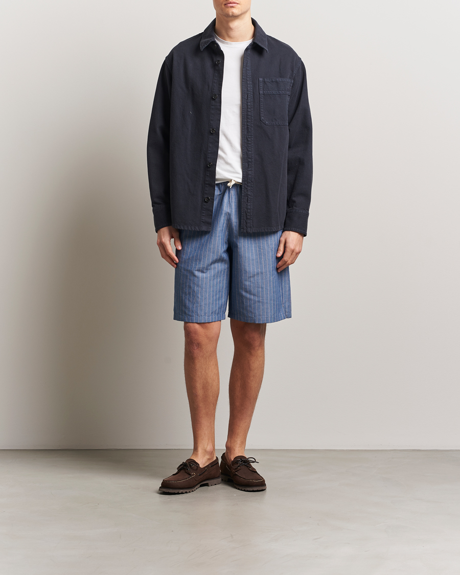 Homme | Shorts | A.P.C. | Paul Cotton/Linen Striped Drawstring Shorts Blue
