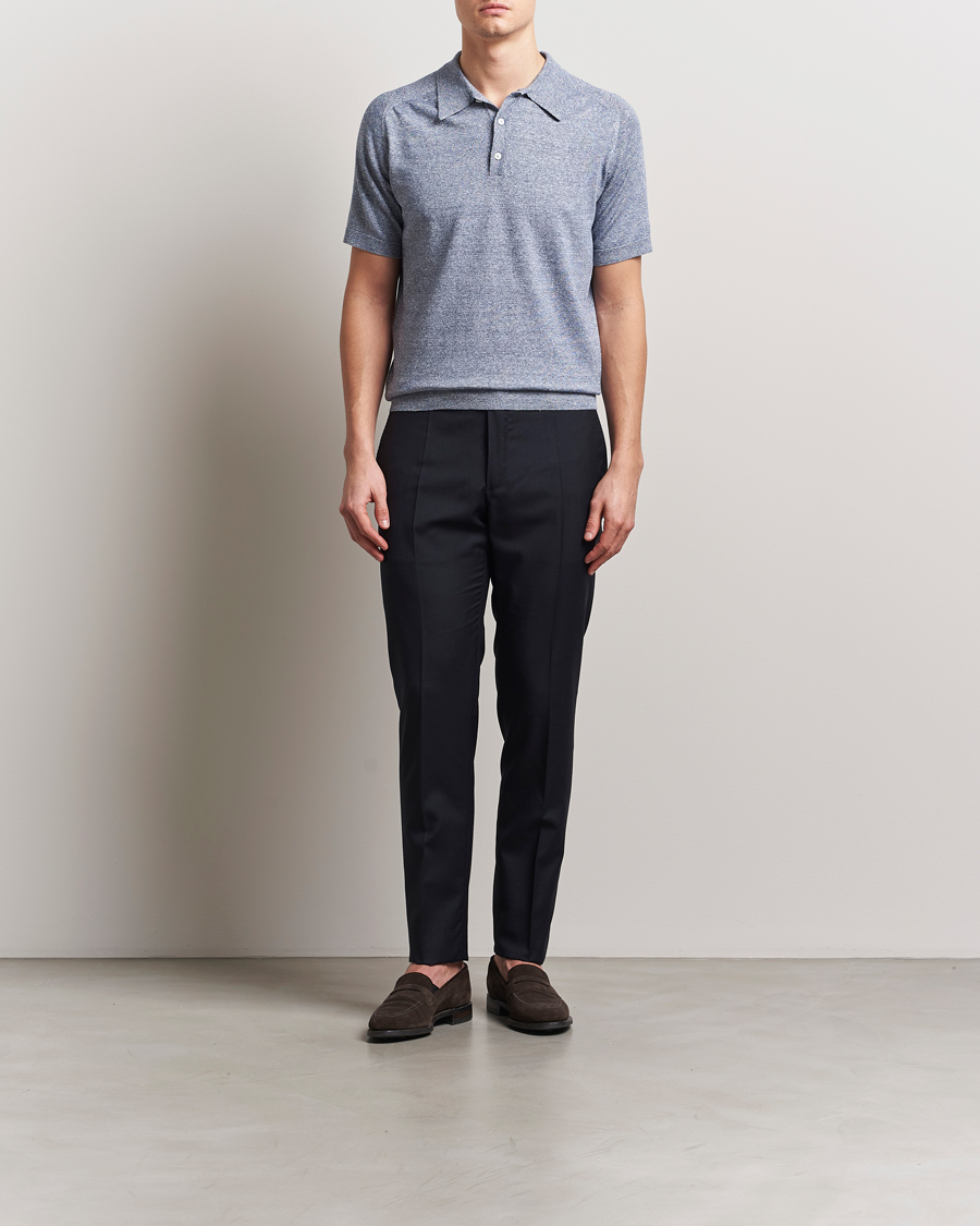 Homme | Polos | Eton | Cotton/Linen Fine Knitted Polo Dark Blue