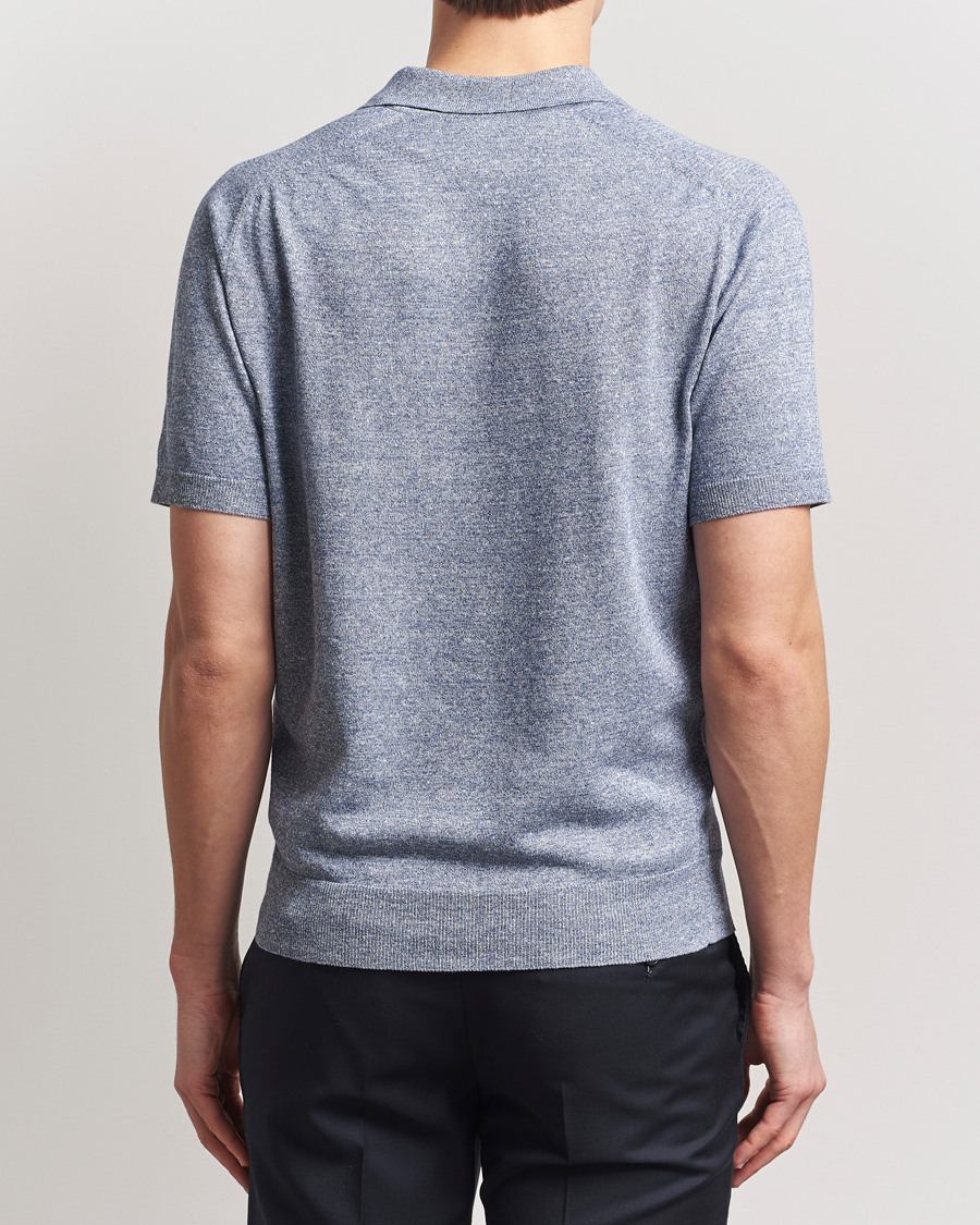 Homme | Polos | Eton | Cotton/Linen Fine Knitted Polo Dark Blue