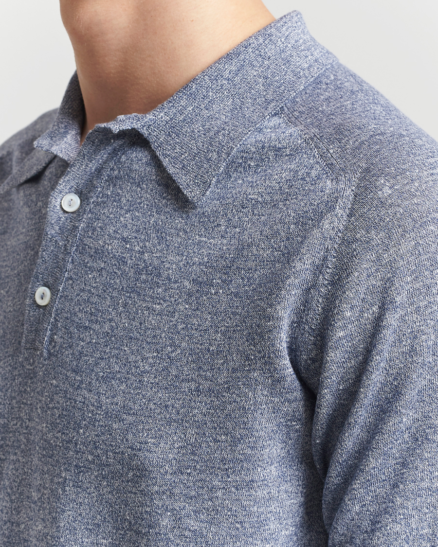 Homme | Polos | Eton | Cotton/Linen Fine Knitted Polo Dark Blue