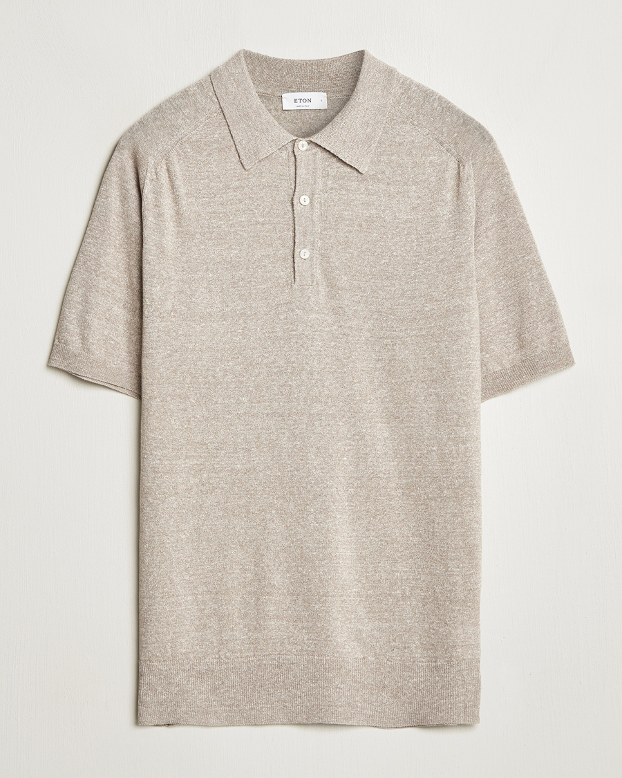 Homme | Polos | Eton | Cotton/Linen Fine Knitted Polo Beige