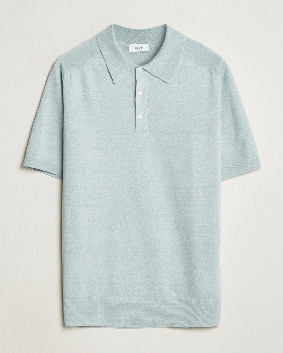 Homme | Polos | Eton | Cotton/Linen Fine Knitted Polo Light Green