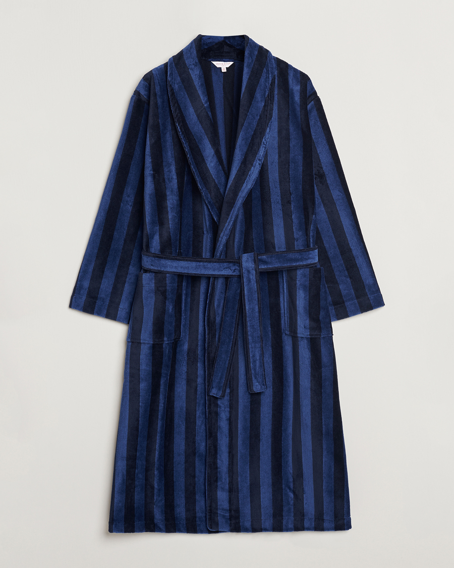 Homme | Peignoirs Et Pyjamas | Derek Rose | Cotton Velour Striped Gown Navy/Blue