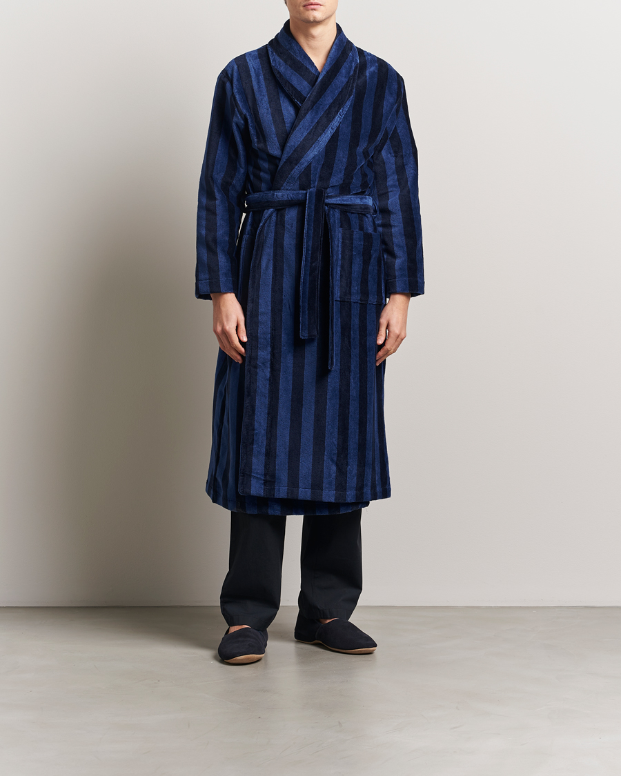 Homme | Peignoirs Et Pyjamas | Derek Rose | Cotton Velour Striped Gown Navy/Blue