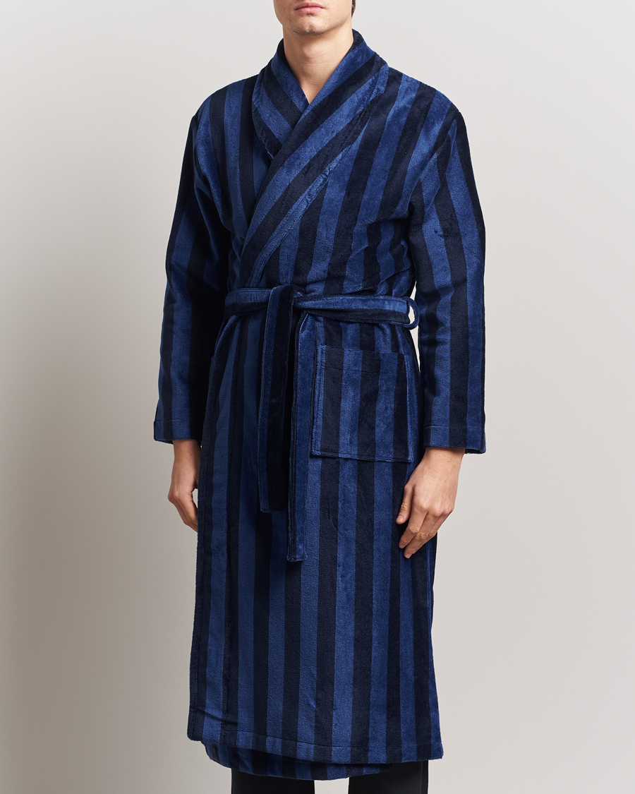 Homme | Peignoirs Et Pyjamas | Derek Rose | Cotton Velour Striped Gown Navy/Blue