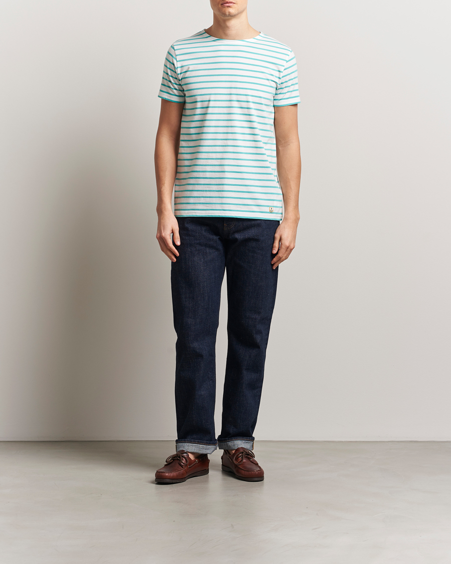 Homme | T-shirts | Armor-lux | Hoëdic Boatneck Héritage Stripe T-shirt Milk/Laguna