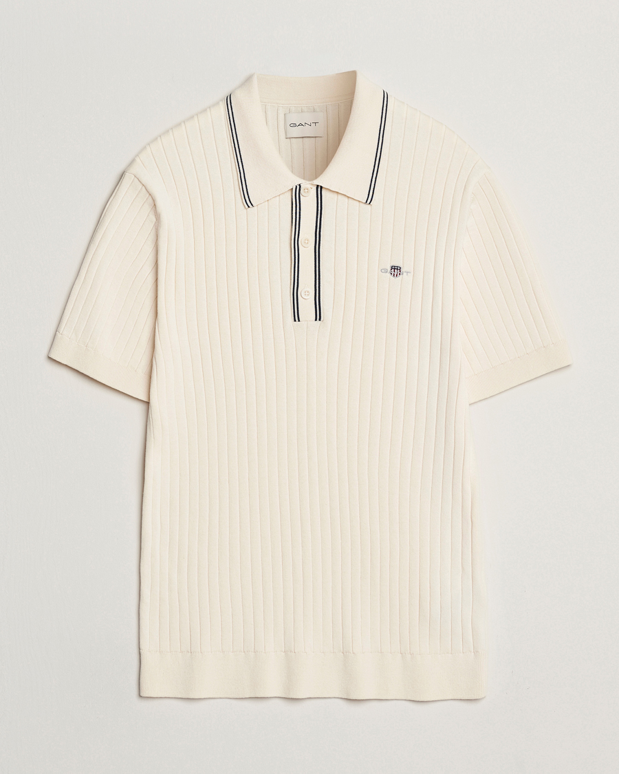 Homme | Polos | GANT | Ribbed Cotton Knitted Polo Cream
