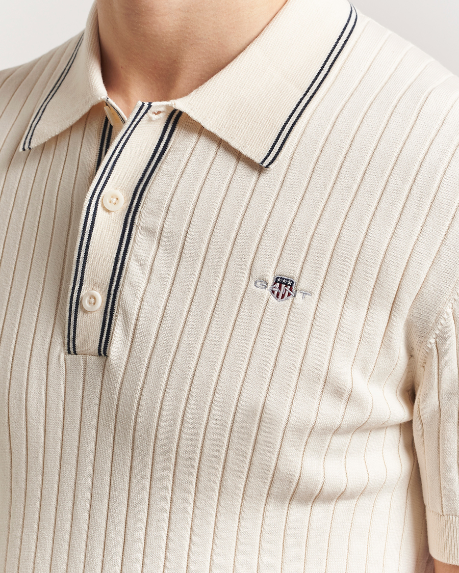 Homme | Polos | GANT | Ribbed Cotton Knitted Polo Cream