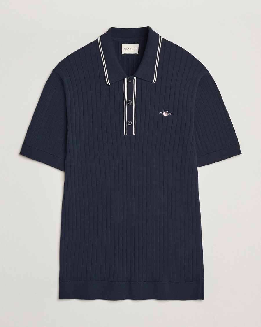 Homme | Polos | GANT | Ribbed Cotton Knitted Polo Evening Blue