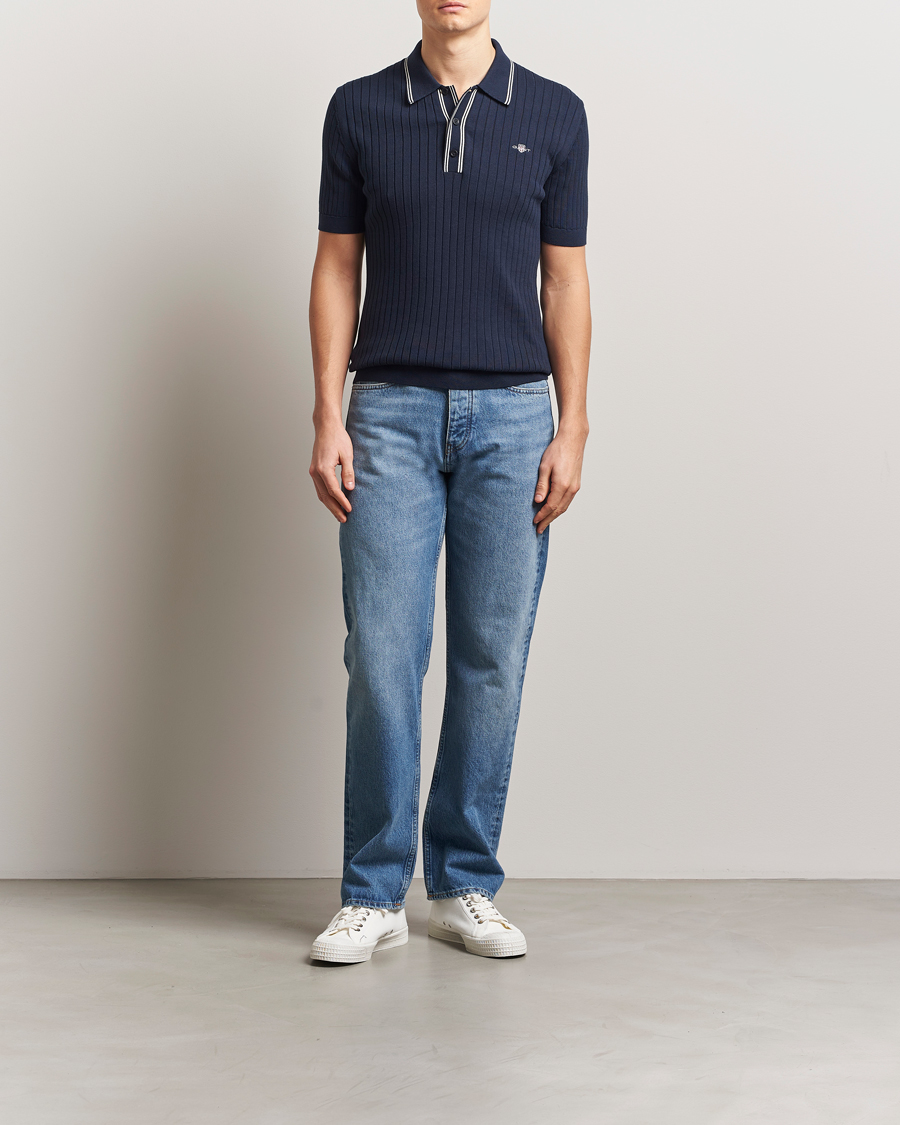 Homme | Polos | GANT | Ribbed Cotton Knitted Polo Evening Blue