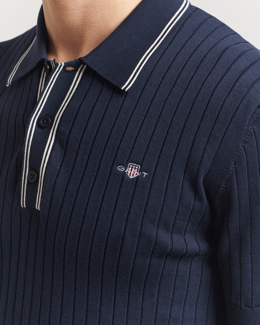 Homme | Polos | GANT | Ribbed Cotton Knitted Polo Evening Blue