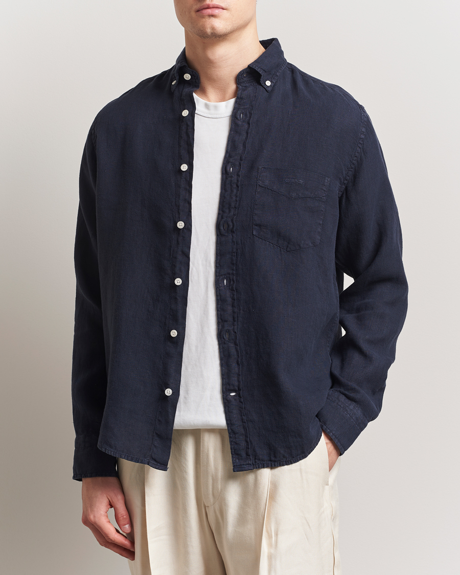 Homme | Chemises | Gant | Regular Fit Garment Dyed Linen Shirt Evening Blue