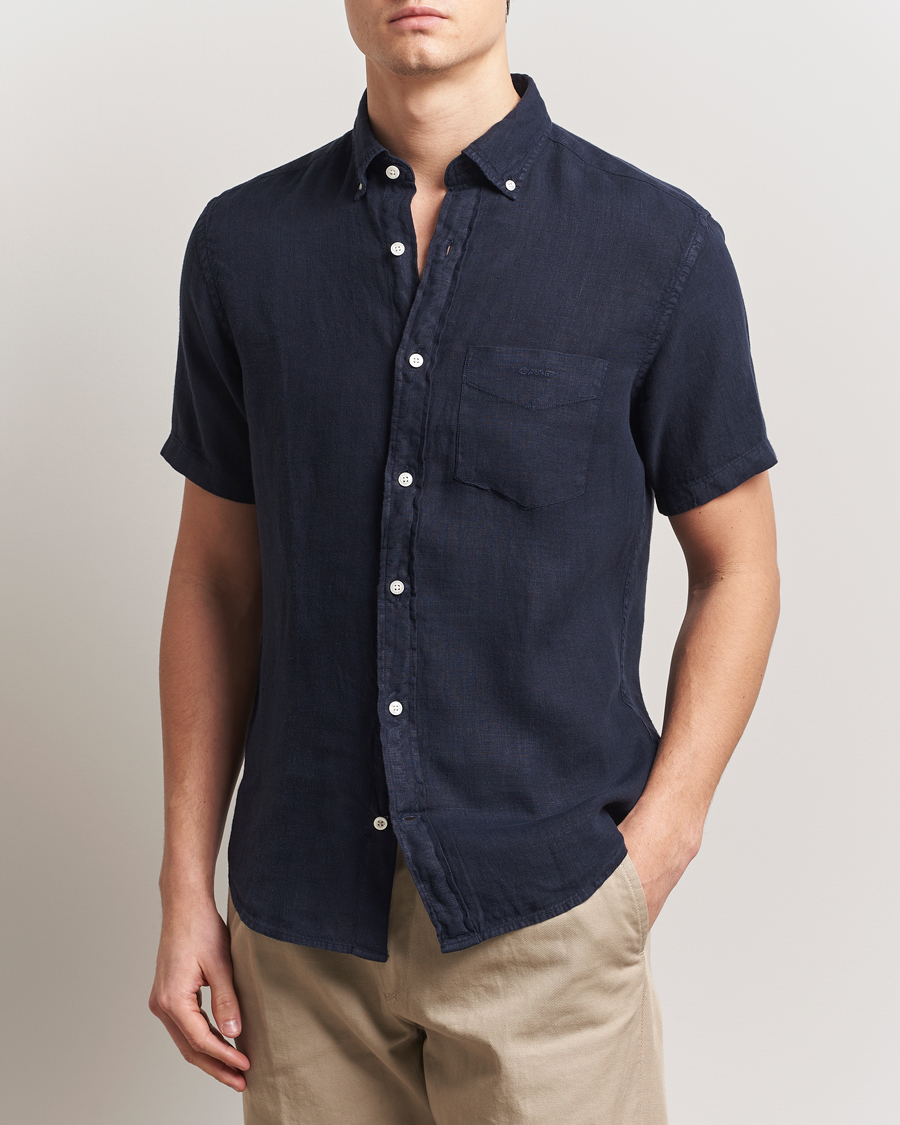 Homme | Chemises | Gant | Regular Fit Garment Dyed Short Sleeve Linen Shirt Evening Blue