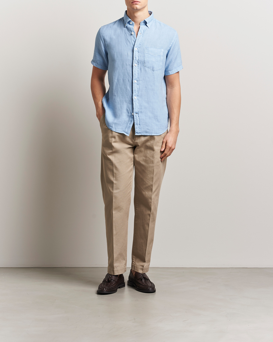 Homme | Chemises | Gant | Regular Fit Garment Dyed Short Sleeve Linen Shirt Capri Blue