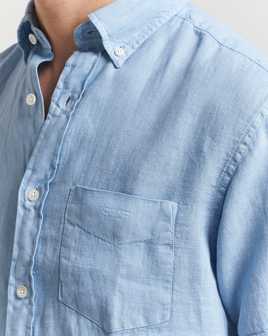 Homme | Chemises | Gant | Regular Fit Garment Dyed Short Sleeve Linen Shirt Capri Blue