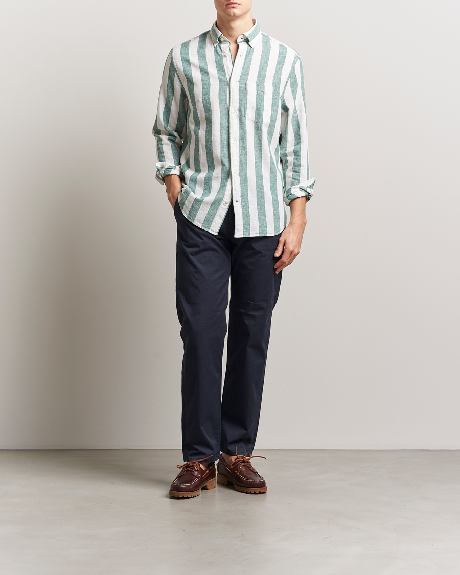 Homme | Chemises | GANT | Cotton/Linen Wide Striped Shirt Woody Green