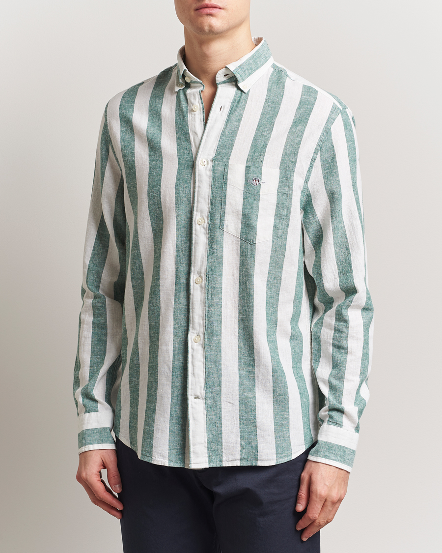 Homme | Chemises | GANT | Cotton/Linen Wide Striped Shirt Woody Green