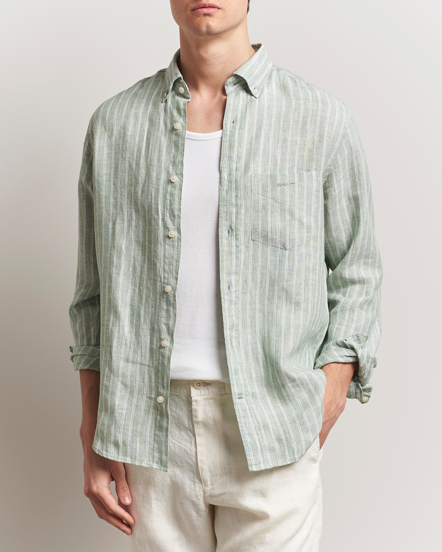 Homme | Chemises | GANT | Regular Fit Linen Striped Shirt Kalamata Green