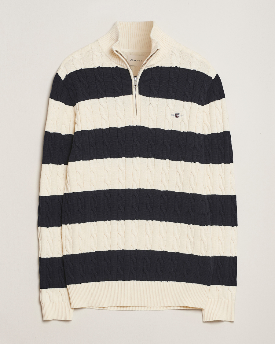 Homme | Pulls Et Tricots | GANT | Cotton Striped Cable Half Zip Evening Blue