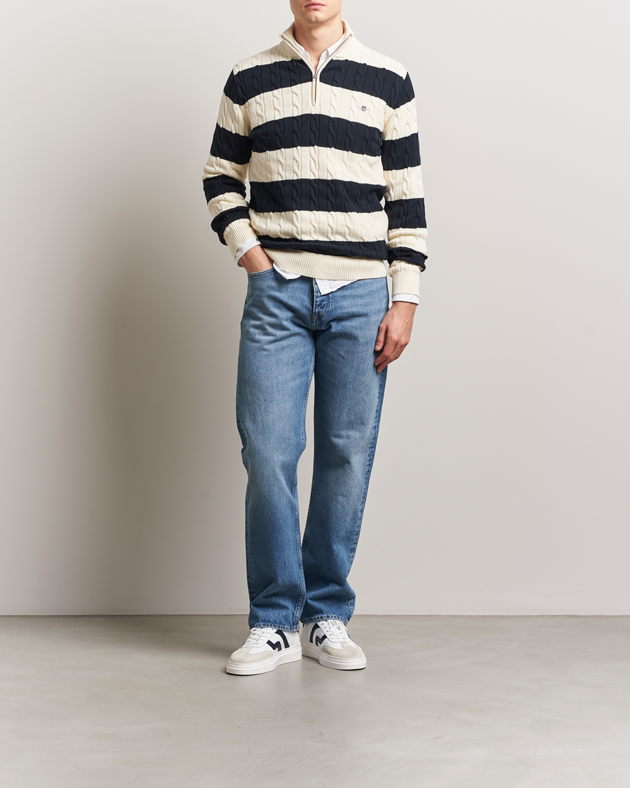 Homme | Pulls Et Tricots | GANT | Cotton Striped Cable Half Zip Evening Blue
