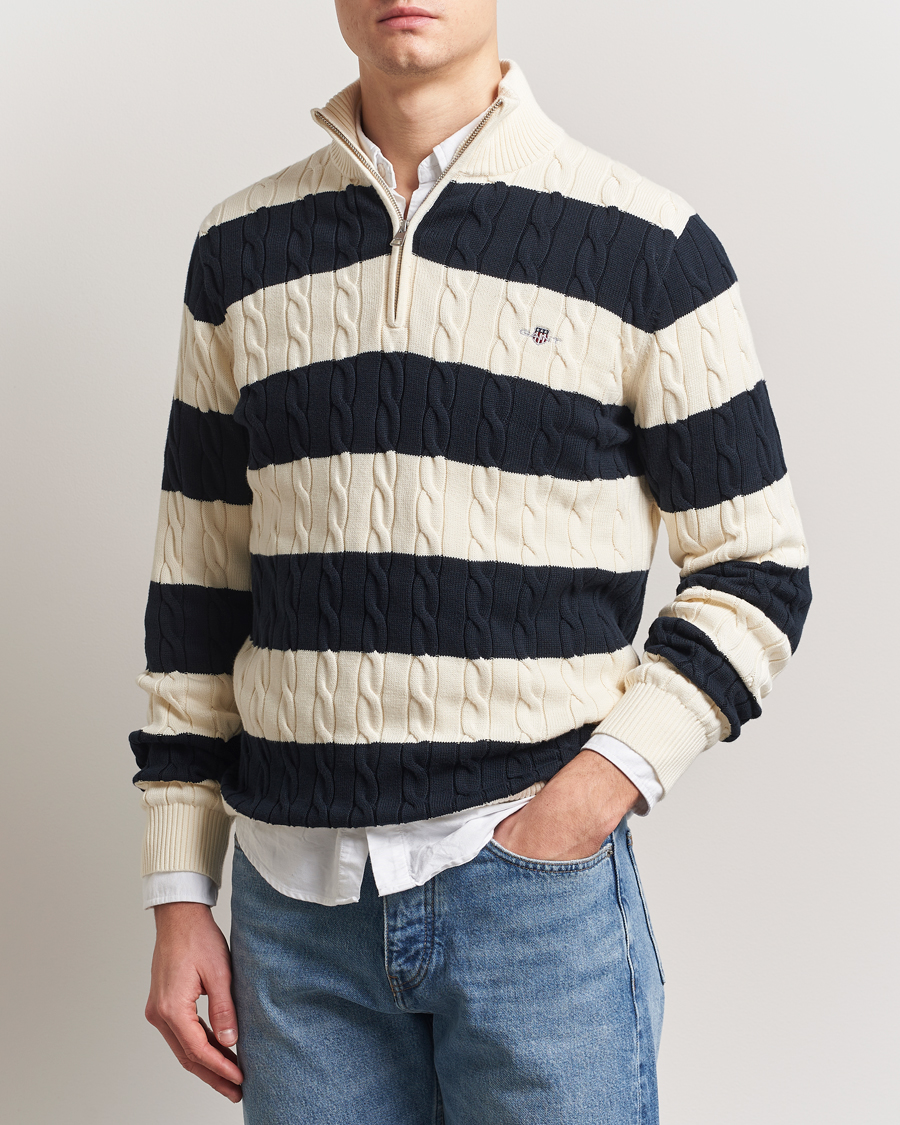 Homme | Pulls Et Tricots | GANT | Cotton Striped Cable Half Zip Evening Blue