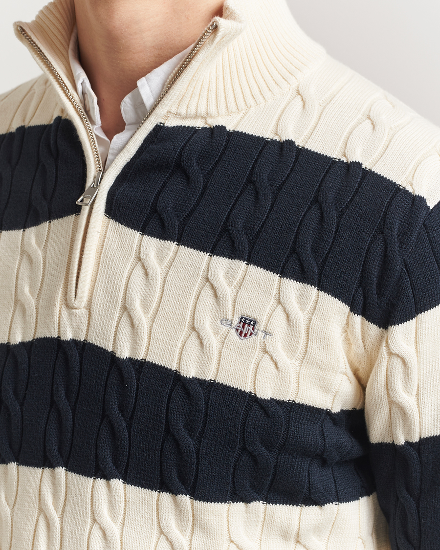 Homme | Pulls Et Tricots | GANT | Cotton Striped Cable Half Zip Evening Blue