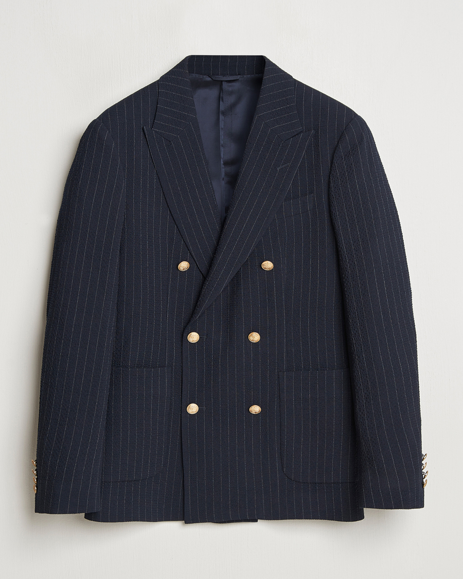Homme | Blazers | GANT | Slim Fit Seersucker Double Breasted Blazer Evening Blue
