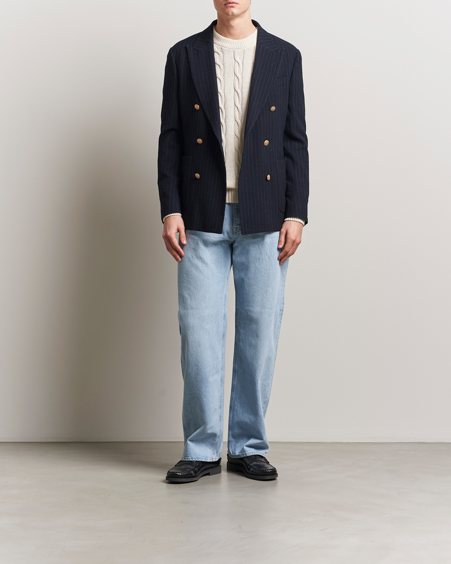 Homme | Blazers | GANT | Slim Fit Seersucker Double Breasted Blazer Evening Blue